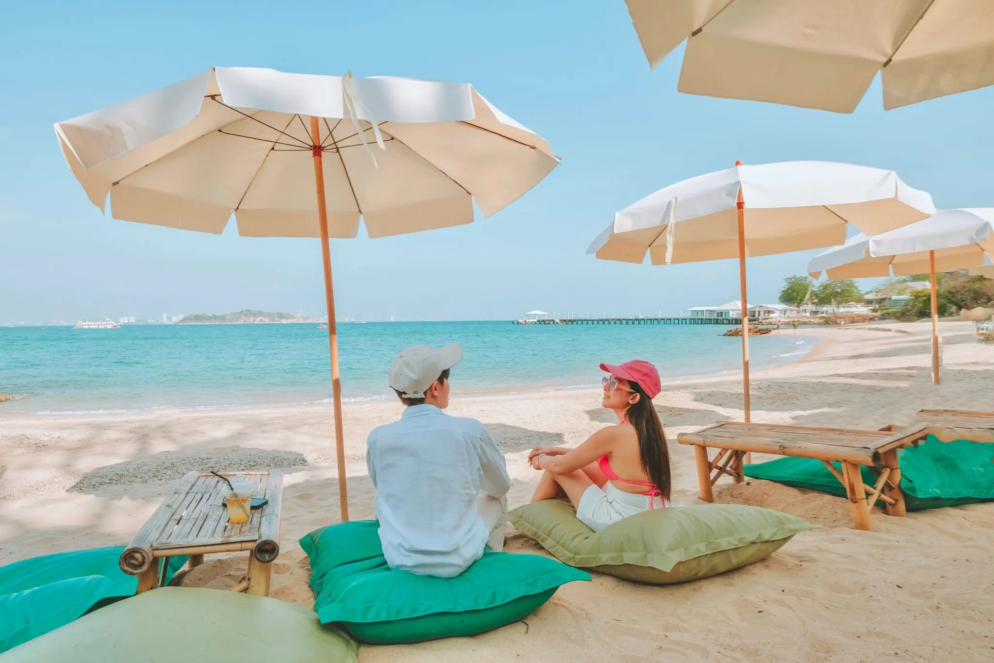 Seaside view with beach umbrellas
